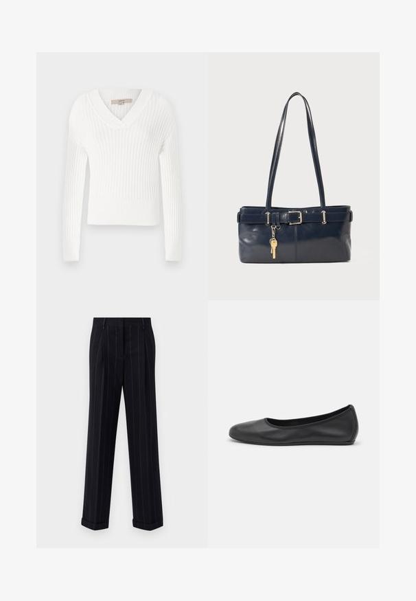 White ribbed knit sweater with a v-neck, long sleeves, and a cropped design; features a textured finish and fitted cuffs.; Black pinstriped trousers with a tailored fit, featuring a cuffed hem and front pleats. Made of smooth fabric with a structured design.; Black leather ballet flat with a rounded toe, smooth texture, minimal stitching detail, and a flexible sole design.; Navy leather handbag with two long handles, a buckle detail, and a keychain attached. Features a smooth texture and a rectangular shape.