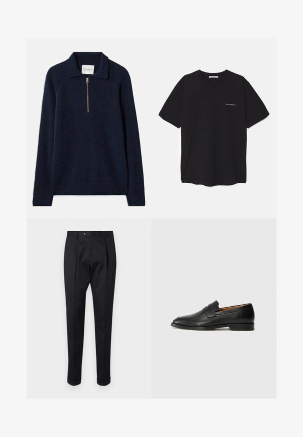Marinblå tröja med zipkrage, tillverkad av mjukt stickat material. Har raglanärmar och ribbade muddar och nederkant.; Svart bomull T-shirt med rund hals, korta ärmar och vit logotryck på vänster bröst. Enkel, enfärgad design.; Svarta byxor i ett glatt tyg, med en veck fram, knappstängning och uppvikta nederkant vid anklarna.; Svart läderloafersko med rund tå, subtila sömnadsdetaljer och låg klack, med en jämn yta och minimalistisk design.