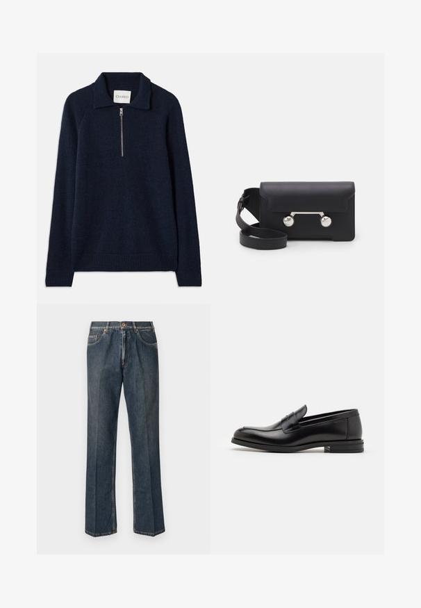 Sötétkék pulóver, cipzáros gallérral, puha kötött anyagból készült. Raglán ujjak és bordázott mandzsetták, valamint alsó szegély jellemzi.; Tengerészkék, rövid ujjú póló, fehér "neanche per sogno" felirattal, középen a mellkason, kerek nyakkal, közepes méretben.; Sötétkék egyenes szárú farmernadrág elülső gombbal, cipzáros behúzással, dupla elülső zsebekkel és lábszárakon látható függőleges ráncokkal.; Fekete bőr loaferek sima textúrával, kerek orral és dekoratív pánttal a vampnál. Alacsony, rétegelt sarkú, minimalista dizájn.; Fekete bőr keresztpántos táska hajtókával, ezüst színű kiegészítőkkel és két kerek díszítéssel. Levehető pánttal rendelkezik. Simább textúrájú.