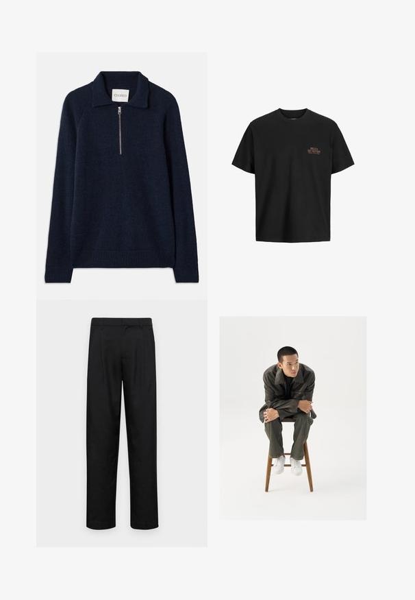 Tummansininen vetoketjukauluksellinen neule, joka on valmistettu pehmeästä neulemateriaalista. Siinä on raglan-hihat sekä ribbireunat hihoissa ja helmassa.; Musta puuvillapaita, jossa on rento istuvuus, pyöreä kaula-aukko ja lyhyet hihat. Vasemmassa rinnassa on pieni, teksturoitu oranssi grafiikka.; Mustat housut, jotka on valmistettu sileästä kankaasta, suoran lahkeen muotoilulla, kahdella etupleekillä ja tavanomaisella vyötäröllä, jossa on vyölenkit.; Ruskea nahkatakki, jossa on leveä kaulus, yhdistetty tummanvihreisiin farkkuihin ja valkoisiin tennareihin. Malli istuu puujakkaralla.