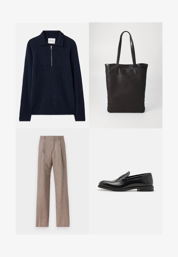 Tumši zils džemperis ar rāvējslēdzēju apkakli, izgatavots no mīksta adījuma materiāla. Iespējas: raglāna piedurknes un ribota piedurkņu un apakšmalas apdare.; Brūni, augstos šortos izgatavoti no teksturēta auduma. Iezīmē plašas kājas un divas priekšējās krokas, kas nodrošina struktūru. Kārtīga apdare bez redzamām detaļām.; Melnas ādas kurpes ar gludu tekstūru, noapaļu purngalu un dekoratīvu siksniņu pāri priekšpusei. Zems sakrauts papēdis, minimālisma dizains.; Melnas auduma iepirkumu soma ar melnām ādas rokturiem. Vienkāršs dizains, plaša forma un gluda tekstūra. Nav redzamu logo vai rakstu.