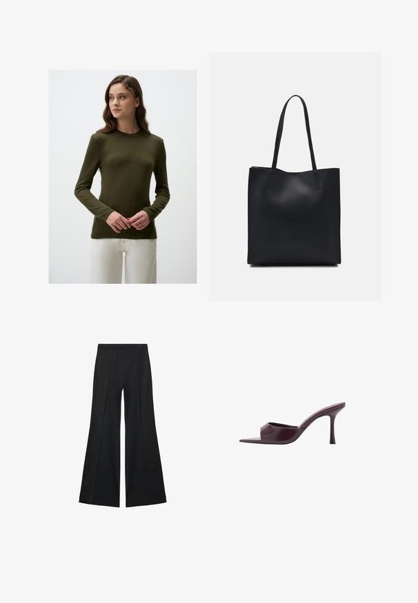 Olivgrüner, langärmeliger Pullover mit einem gerippten Rundhalsausschnitt und strukturierter Oberfläche. Über weißen Hosen getragen, was eine figurbetonte Silhouette zeigt.; Schwarze weit geschnittene Hose mit glatter Textur, ausgestattet mit Frontfalten und einem taillierten Design. Der Stoff ist leicht und fließend.; Burgunderfarbene High-Heel-Mules mit quadratischer Zehenpartie, aus glattem Leder gefertigt. Sie verfügen über ein elegantes, minimalistisches Design und einen schmalen Absatz.; Schwarze Laptoptasche aus Leder mit glatter Textur, rechteckiger Form und zwei langen Griffen. Keine sichtbaren Beschläge oder Verzierungen.
