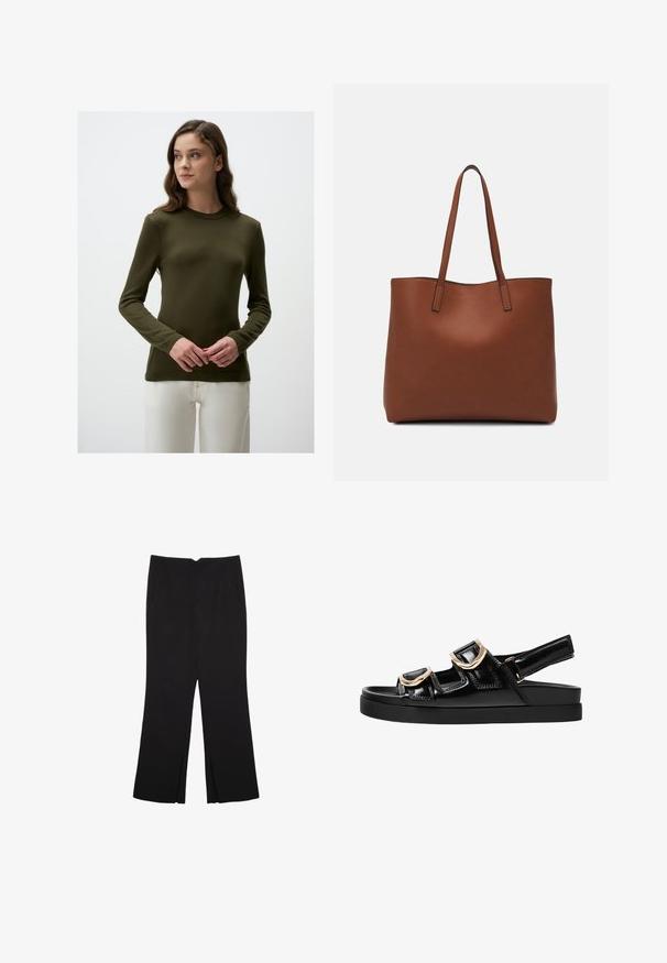 Maglione verde oliva a maniche lunghe con collo a girocollo a coste e superficie testurizzata. Indossato sopra pantaloni bianchi, evidenziando una silhouette aderente.; Pantaloni neri a gamba dritta, con tasche frontali e spacchi laterali all'orlo. Realizzati in tessuto morbido e liscio. Adatti a diverse occasioni.; Sandali in pelle verniciata nera con tre cinturini regolabili, dotati di fibbie in tonalità oro e una spessa suola piattaforma nera.; Borsa tote in pelle marrone con texture liscia, design con apertura superiore e due spallacci. Presenta cuciture minime e nessun hardware visibile.