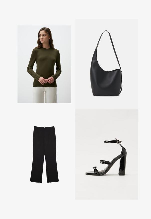 Oliwkowy sweter z długim rękawem, z prążkowanym okrągłym dekoltem i teksturowaną powierzchnią. Noszony na białych spodniach, podkreślający dopasowany krój.; Czarne spodnie o prostym kroju, z przednimi kieszeniami i bocznymi rozcięciami na dole. Wykonane z miękkiego, gładkiego materiału. Odpowiednie na różne okazje.; Czarne lakierowane sandały na obcasie z kwadratowym noskiem, z paskami wokół kostki i srebrnymi klamrami. Posiadają masywny słupek dla stabilności.; Czarna skórzana torba hobo o gładkiej fakturze, zaokrąglonym kształcie i pojedynczym, regulowanym pasku; posiada szerokie otwarcie na górze.