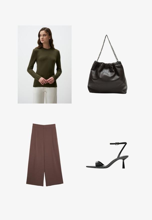 Olivgrüner, langärmeliger Pullover mit einem gerippten Rundhalsausschnitt und strukturierter Oberfläche. Über weißen Hosen getragen, was eine figurbetonte Silhouette zeigt.; Braune Weite-Leg-Hosen mit einer glatten Textur, hoher Taille und Vorderfalten. Der Stoff ist leicht und fällt locker.; Bershka High Heel Sandalette - black; Braune Lederhandtasche mit gerafftem Oberteil und Kettenriemen. Glatte Textur mit glänzendem Finish und subtilen Nahtdetails an den Seiten.