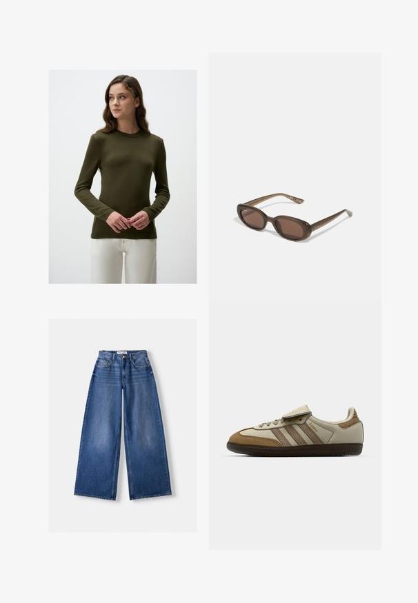 Maglione verde oliva a maniche lunghe con collo a girocollo a coste e superficie testurizzata. Indossato sopra pantaloni bianchi, evidenziando una silhouette aderente.; Bershka WIDE-LEG - Wide Leg - dark blue; Scarpa da ginnastica marrone e crema con tre strisce beige, materiali in pelle scamosciata e pelle, design con lacci e suola in gomma. Logo testuale sul lato.; Occhiali da sole ovali marroni con lenti scure. La montatura è realizzata in un materiale marrone trasparente e presenta un logo stampato sulle tempie.; Borsa a tote in suede marrone con due manici, forma rettangolare ampia e design minimalista. Texture morbida con finitura liscia.