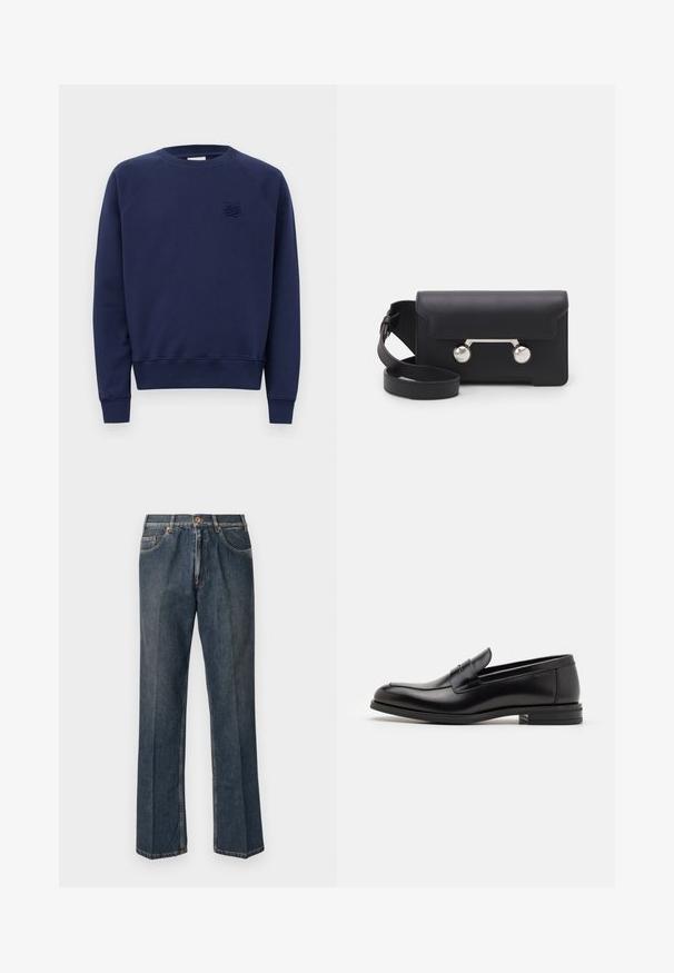Tengerészkék, hosszú ujjú, kerek nyakú pulóver, bal mellrészén egy kis hímzett logóval.; Sötétkék egyenes szárú farmernadrág elülső gombbal, cipzáros behúzással, dupla elülső zsebekkel és lábszárakon látható függőleges ráncokkal.; Fekete bőr loaferek sima textúrával, kerek orral és dekoratív pánttal a vampnál. Alacsony, rétegelt sarkú, minimalista dizájn.; Fekete bőr keresztpántos táska hajtókával, ezüst színű kiegészítőkkel és két kerek díszítéssel. Levehető pánttal rendelkezik. Simább textúrájú.