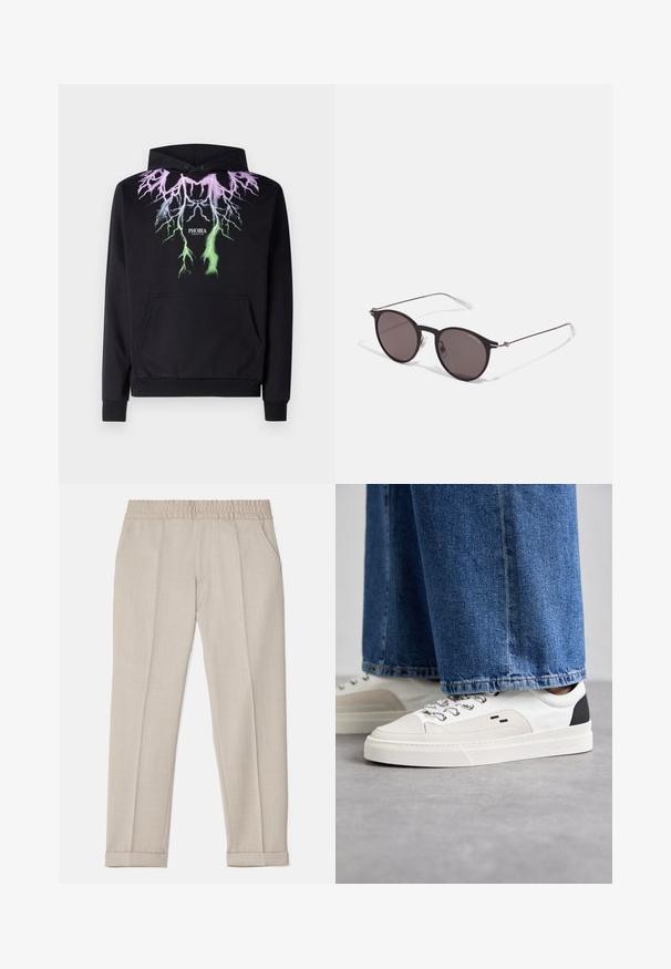 Felpa nera in cotone, con un design grafico di fulmini multicolori e la parola "PHOBIA" in bianco al centro.; Filippa K TERRY CROPPED TROUSERS - Pantaloni - sage melange; Sneaker bianche e nere con parte superiore in pelle liscia, dettagli testurizzati e suola bianca spessa. Presentano un classico design con lacci.; Occhiali da sole neri rotondi con lenti scure e sottili bracci in metallo. Include punte trasparenti e accenti argentati alla cerniera. Design minimalista.