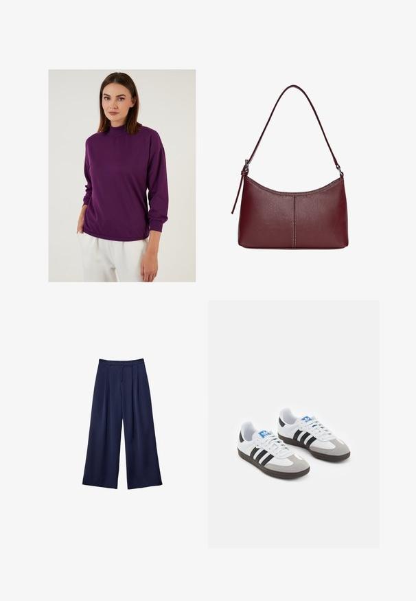 Lila, långärmad tröja med hög krage och ribbade muddar. Mjuk textur, lös passform och lätt stretch för komfort.; Marinblå vida byxor med veck, knappad midja och bälteshällor, visade liggande på en vit bakgrund.; Sportskor med överdel i vit läder, grå mocka på tårna och tre svarta ränder. Har en blå logotyp på tungan och en texturerad gummisula.; Vinröd läderhandväska med en böjd form, en enkel axelrem och sömnadsdetaljer i mitten. Slät textur, minimal hårdvara.