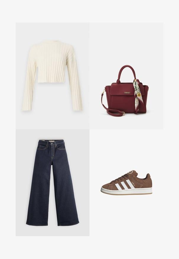Skraćeni kremasti pulover s vertikalnom rebrastom teksturom, dugim rukavima i jednostavnim okruglim izrezom. Mekani završetak tkanine.; Bijela košulja dugih rukava s gumbima i oštrim kragnom, prikazana na jednobojnoj bijeloj pozadini.; Široke traperice tamnoplave boje s kontrastnim šavovima. Sadrže klasičan dizajn s pet džepova i dugme na struku.; Smeđe nubuk tenisice s bijelim kožnim prugama, gumeni potplat, okrugli nos i vezanje sprijeda. Imaju logo na jeziku i perforirane detalje.; Bordo torbica napravljena od sintetičkog materijala sa strukturiranim dizajnom, koja ima odvojivi remen i cvjetni šal vezan za ručku.