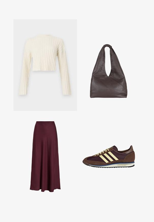 Gekürzter cremefarbener Pullover mit vertikaler Rippstruktur, langen Ärmeln und einem schlichten Rundhalsausschnitt. Weicher Stofffinish.; Burgunderfarbene Satin-Maxikleid mit glatter Textur, hoher Taille und fließender Silhouette, die sich sanft zur Saumkante hin ausläuft.; Braune und burgunderfarbene Sneaker aus Wildleder und Mesh-Materialien, mit drei cremefarbenen Streifen, strukturiertem Stoff an der Zunge und einer Gummisohle.; Braune Lederhandtasche mit einem lässigen, übergroßen Design. Verfügt über einen Schlaufenhandgriff und eine tiefe V-förmige Öffnung für einfachen Zugang. Weiche Textur, minimalistischer Stil.