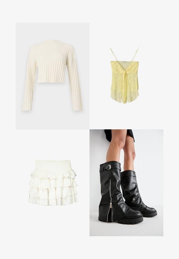 Skórzana, krótka sweterek w kolorze kremowym z pionowym prążkowym wzorem, długimi rękawami i prostym okrągłym dekoltem. Miękka faktura materiału.; Żółta koronkowa koszulka na ramiączkach z detalem na przodzie w postaci wiązania, cienkimi ramiączkami i zwiewnym krojem. Delikatna tekstura i miękki materiał nadają jej lekkiego wyglądu.; Biała spódnica z falbanami i gumką w pasie. Posiada warstwowe, przezroczyste falbany, które tworzą teksturowany, zwiewny wygląd.; Czarne skórzane kozaki do kolan o szerokiej cholewce, z bocznym zamkiem błyskawicznym i akcentem w postaci klamry, o teksturowanym wykończeniu i masywnej gumowej podeszwie.
