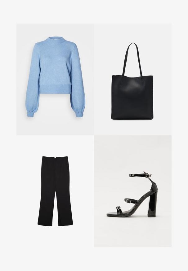Svetlo modri skrajšan pulover z dolgimi balonastimi rokavi, okroglo ovratnico in rebrastimi manšetami ter robom, izdelan iz teksturirane tkanine.; Črne hlače ravnega kroja z naglavnimi žepi in stranskimi razporki na robu. Narejene iz mehke, gladke tkanine. Primerne za različne priložnosti.; Črne lakirane sandale s peto, kvadratnim prstom, trakovi okrog gležnja in srebrnimi zaponkami. Opremljene so s stabilno Debelo peto.; Črna usnjena torba s svilnato teksturo, pravokotne oblike in dvema dolgima ročajema. Brez vidnih metalnih delov ali okrasnih elementov.