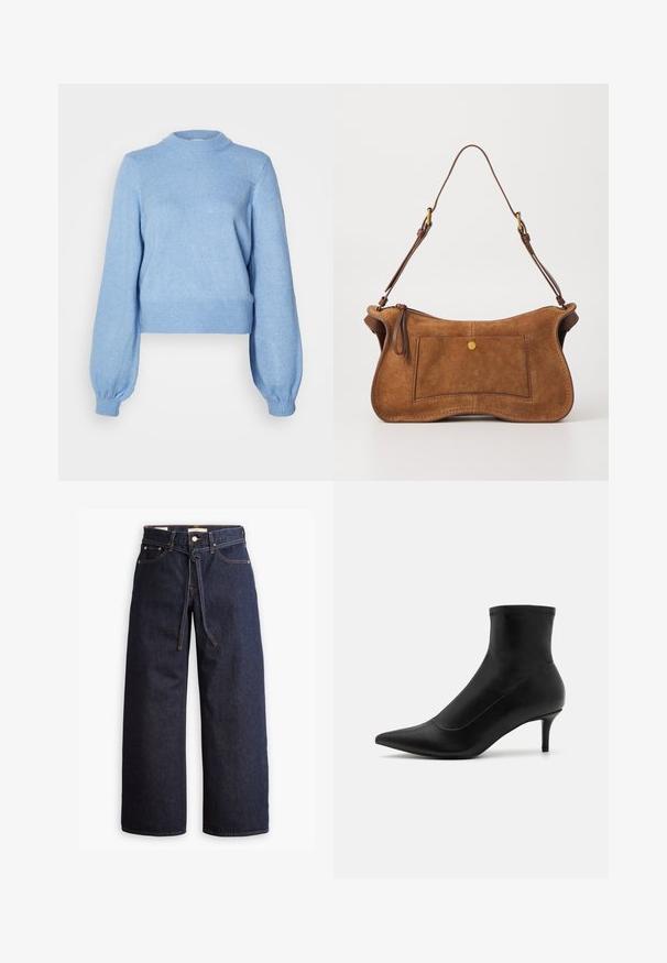 Maglione corto blu chiaro con maniche lunghe a palloncino, scollo rotondo e bordi e orlo a coste realizzato in tessuto testurizzato.; Jeans in denim scuro a gamba larga con vita alta, dotati di un laccio, cinque tasche e dettagli di cucitura a contrasto.; Stivaletti neri in pelle liscia con punta affusolata e tacco corto e sottile. Presentano un design senza cuciture e sottili dettagli di cucitura.; Dolce Vita JOSIE - Borsa a mano - pecan; Orecchini a cerchio in argento con una finitura lucida, caratterizzati da un design circolare e cerniere senza soluzione di continuità, che mostrano una superficie liscia.