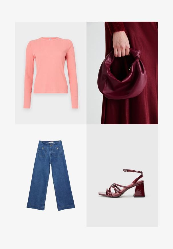 Langärmliges, geripptes Strickoberteil in sanftem Koralle. Verfügt über einen runden Halsauschnitt und eine taillierte Silhouette, mit einer glatten Textur und minimalistischem Design.; Denim-Hosen im weiten Schnitt mit einer mittleren blauen Waschung, zwei Vordertaschen mit Knopfverschluss und genähten Details entlang der Säume.; Lackrote burgundfarbene Sandalen mit Absatz und quadratischer Zehenpartie, die mehrere miteinander verflochtene Riemen und einen klobigen Blockabsatz aufweisen. Verstellbarer Knöchelriemen.; Burgunderleder-Handtasche mit einem weichen, gerafften Design und einer gerundeten Form. Der Griff ist gesichert und zeigt eine glatte Textur.