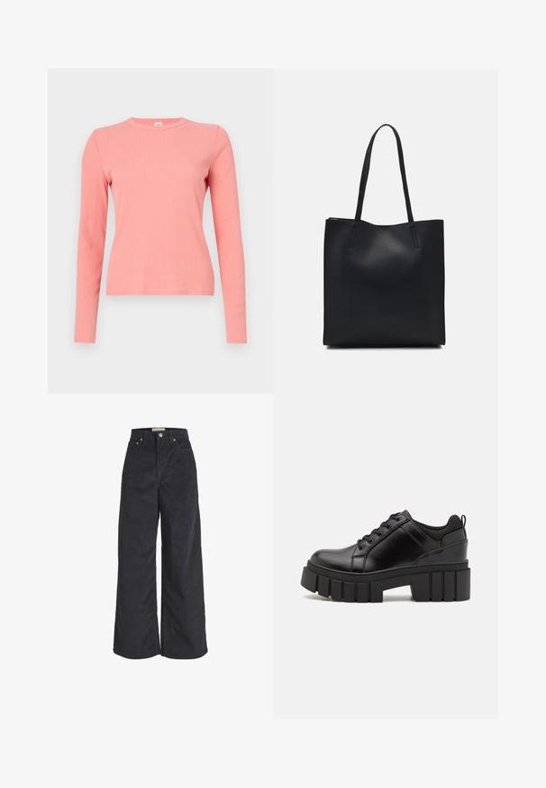 Langärmliges, geripptes Strickoberteil in sanftem Koralle. Verfügt über einen runden Halsauschnitt und eine taillierte Silhouette, mit einer glatten Textur und minimalistischem Design.; Schwarze Corduroy-Hosen mit weitem Bein, hoher Taille, vorderem Knopfverschluss und zwei seitlichen Taschen. Weiche Textur und gerades Silhouette.; Schwarze Lederplateauschuhe mit klobigem Blockabsatz, runder Zehenpartie und traditionellem Schnürdesign. Verfügt über eine glatte Textur und minimale Details.; Schwarze Laptoptasche aus Leder mit glatter Textur, rechteckiger Form und zwei langen Griffen. Keine sichtbaren Beschläge oder Verzierungen.