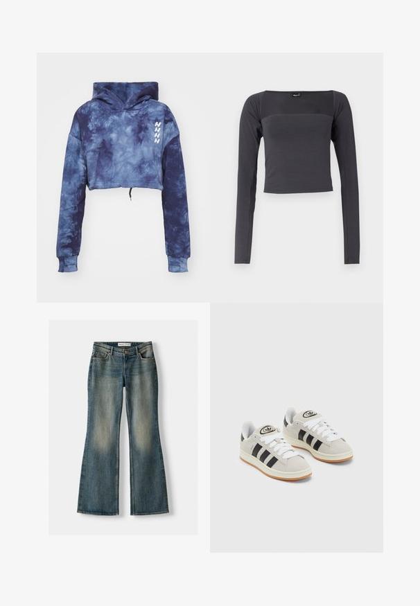 Nebbia RE-FRESH - Mikina s kapucňou - blue; Dlhý rukáv, skrátený top v tmavošedej látke so hladkým povrchom. Má štvorecový výstrih a priliehavý strih.; Modré vyšívané džínsy s vyblednutým vzhľadom, piatimi vreckami a zapínaním na gombík. Materiál zobrazuje denimovú textúru s jemnými švovými detailmi.; Sivé semišové tenisky s bielymi šnúrkami, čiernymi pruhmi a bielou gumovou podrážkou. Obsahujú okrúhly logo na jazyku a gumenú podrážku.