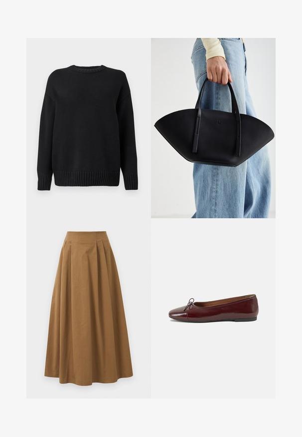 Suéter preto de malha de mangas longas com gola redonda canelada, punhos e barra, exibido sobre um fundo branco simples.; Saia A-line de algodão castanho com cintura alta, apresentando pregas na parte da frente e uma textura suave. As bordas da bainha são limpas e simples.; Bailarinas em couro sintético borgonha com bico redondo, pequeno laço na frente e sola baixa em borracha preta. Textura suave.; Bolsa de mão em couro preto com uma forma única em leque, apresentando alças planas. A superfície tem uma textura pebble e um design minimalista.