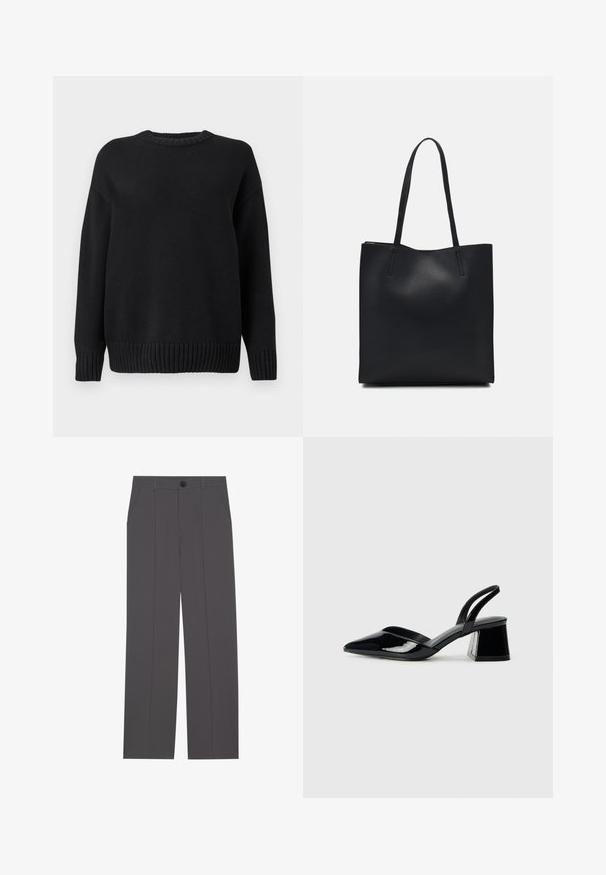 Černý pletený svetr s dlouhým rukávem, ribbovaným kulatým výstřihem, manžetami a spodním lemem, vystavený na jednoduchém bílém pozadí.; Šedé kalhoty se střihem rovného nohavice, vybavené dvěma bočními kapsami a knoflíkovým zapínáním. Hladká tkanina bez viditelných vzorů nebo akcentů.; Černé lakované kožené lodičky na pásku s špičatou špičkou a geometrickým blokovým podpatkem. Vyznačují se elegantním, minimalistickým designem a hladkým povrchem.; Černá kožená taška přes rameno s hladkým povrchem, obdélníkovým tvarem a dvěma dlouhými uchy. Žádné viditelné kování ani ozdoby.