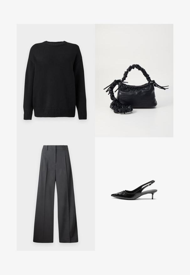 Fekete, hosszú ujjú kötött pulóver, bordás kerek nyakú, csuklóval és aljjal, sima fehér háttéren bemutatva.; Széles szárú nadrág sötétszürke anyagból, magas derekú, egyes redőkkel, sima textúrával és tiszta befejezéssel a szegélyeken.; Fekete bőrből készült slingback magassarkú cipők hegyes orral, kis francia sarokkal és díszes csomóval az elején. Az egész felületen sima textúra.; Fekete műbőr kézi táska krokodil bőr textúrával, összehúzható tetejű és gyűrt pánttal. Lágy és kompakt dizájnúnak tűnik.