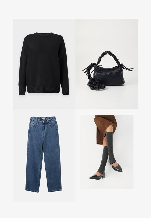 Pulover tricotat lung cu mânecă neagră, cu guler rotund, manșete și tiv cu aspect lucrat, expus pe un fundal alb simplu.; Jeans clasice din denim albastru, cu un design drept, cinci buzunare și închidere cu nasture. Prezentând o spălare medie și o textură rezistentă.; Pantofi negri din piele lacuită, cu vârful ascuțit, toc bloc și curea la glezna, asortați cu jambiere gri cu nervuri și o fustă din suede maro.; Geantă din faux leather neagră cu textură de crocodil, cu partea superioară strânsă și o curea mototolită. Pare moale și compactă ca design.