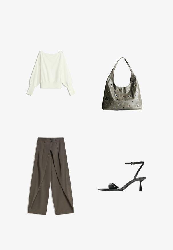 Fehér, rövidített pulóver hosszú puff ujjakkal, bordás mandzsettákkal és széles nyakkivágással, puha, könnyű anyagból készült.; Bő szárú nadrág, textúrált, sötétszürke anyagból. Elöl pliszé, gombos záródás és oldalsó zsebek biztosítják a praktikusságot.; Bershka Magas sarkú szandálok - black; Olívazöld bőrtáska laza fazonnal, különböző méretű kör alakú kivágásokkal és sötétebb és világosabb árnyalatú díszítésekkel.