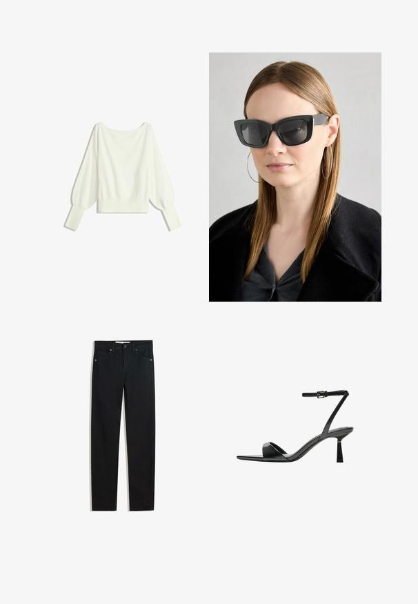 Biele skrátené sveter s dlhými riasenými rukávmi, rebrovanými manžetami a širokým výstrihom, vyrobený z mäkkého, ľahkého materiálu.; Čierne denim nohavice s priamym strihom, piatimi vreckami, kovovým zapínaním a jemnými stehmi. Hladká textúra.; Bershka Sandále na vysokom opätku - black; Čierne mačacie slnečné okuliare s tmavými sklami, hrubými obručami a jemnými detailami. Nosí sa s čiernym kabátom a sivým topom, pričom má dlhé rovné vlasy.; Bershka WITH CHAIN - Kabelka - black