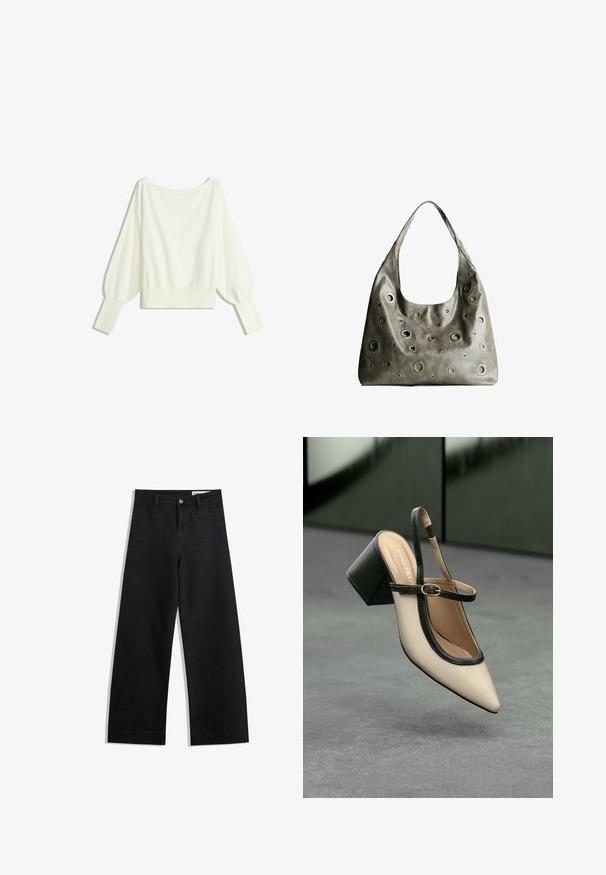 Biały, skrócony sweter z długimi, bufiastymi rękawami, ściągaczami na mankietach i szerokim dekoltem, wykonany z miękkiego, lekkiego materiału.; Czarne dżinsowe spodnie o szerokich nogawkach i wysokim stanie, z przednimi i tylnymi kieszeniami, przeszyciami oraz zapięciem na guziki. Gładka struktura.; Beżowe buty typu slingback z ostrym noskiem, czarnym wykończeniem, złotą klamrą i grubym obcasem na szarym podłożu z ciemnozielonym tłem.; Oliwkowa skórzana torebka o luźnym fasonie, z różnej wielkości okrągłymi wycięciami i akcentami w ciemniejszych i jaśniejszych odcieniach.