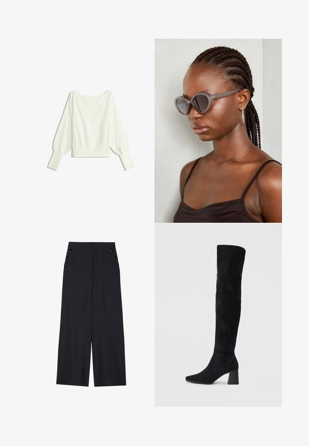 Valkoinen lyhyt lämminneule, jossa on pitkät puffi-hihat, ribbaus-ohuet hihansuut ja leveä kaula-aukko, valmistettu pehmeästä, kevyestä materiaalista.; Avokkaat housut tummansinisestä kankaasta, joissa on sileä texture, etu laskokset ja koristeelliset kultasävyiset nauhat sivutaskuissa.; Musta samettinen polvipitkä saapas, jossa on lohkarekorko, terävä nilkka ja sileä, saumatonta muotoilua tasaisella vaalealla taustalla.; Harmaa ylisuuri aurinkolasit, joilla on pyöreä muoto ja tummat linssit. Tyylikäs muovikehys, jossa on sileä pinta. Mallilla on letitetty hiukset.