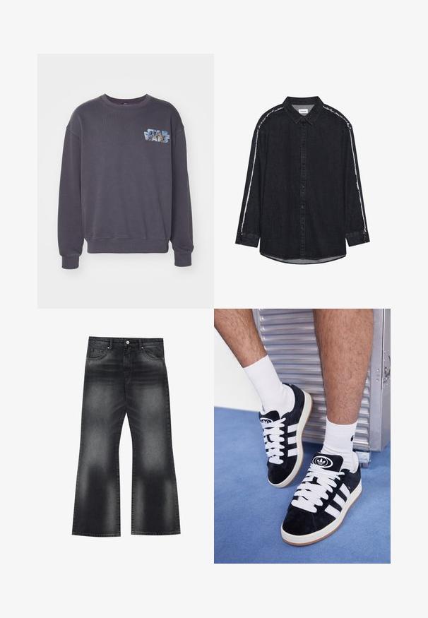 Szürke pulóver kerek nyakú és bordás mandzsettákkal. Kiemelkedő "Star Wars" grafika található rajta kék és világoskék árnyalatokban a mellrészen.; Fekete denim ing hosszú ujjakkal, gombos elülső résszel és rojtos fehér díszítéssel a vállaknál. Klasszikus gallérral és ívelt aljjal rendelkezik.; Fekete, koptatott denim flared farmernadrág, öt zsebbel és kontrasztos varrással, enyhén széles lábnyílással.; Fekete velúr sportcipők fehér fűzőkkel és három fehér csíkkal. A nyelvén egy kör alakú fekete logó található, valamint egy gumis talp.