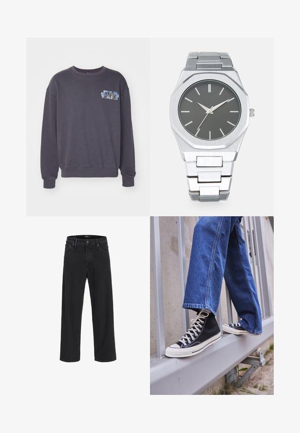 Pelēka sporta krekls ar apaļu kakla izgriezumu un ribotām aprocēm. Priekšpusē ir izcelts "Zvaigžņu kari" grafikas attēls zilās un gaiši zilās krāsās.; Melna klasisko taisno kāju džinsu bikses ar pogu un rāvējslēdzēju, jostas cilpas, kā arī priekšējām un aizmugurējām kabatām.; Melnas augstas kedas ar baltu zoli un auklām, apvienotas ar brīvām zilām džinsām, atpūšoties uz pelēka margotā balsta.; Sudraba analogais pulkstenis ar astoņstūru korpusu, pelēku ciparnīcu, sudraba stundu atzīmēm un nerūsējošā tērauda saiti. Minimālisma dizains ar gludu tekstūru.