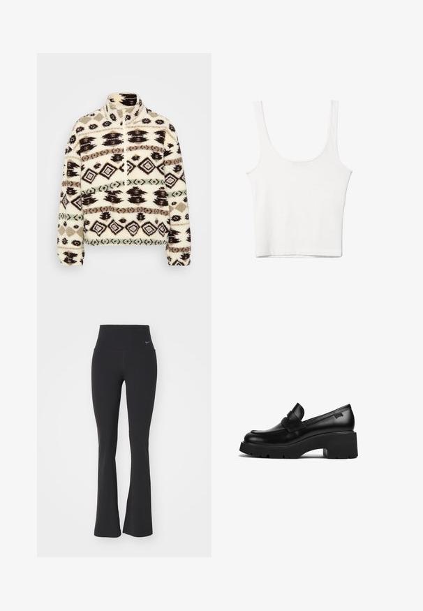 Pullover in pile mezzi zip color crema, con motivi geometrici neri, marroni e menta, colletto alto e polsini a coste.; Top in cotone bianco senza maniche, con scollatura ampia e linea aderente. Tessuto liscio, design semplice e dettagli di cucitura minimi.; Leggings neri da yoga con vita alta, realizzati in tessuto elasticizzato. Presentano un design svasato e un piccolo logo Nike sulla vita.; Mocassino in pelle nera con tacco chunky, suola spessa e un dettaglio a strap nella parte superiore, mostrato di lato su uno sfondo bianco.