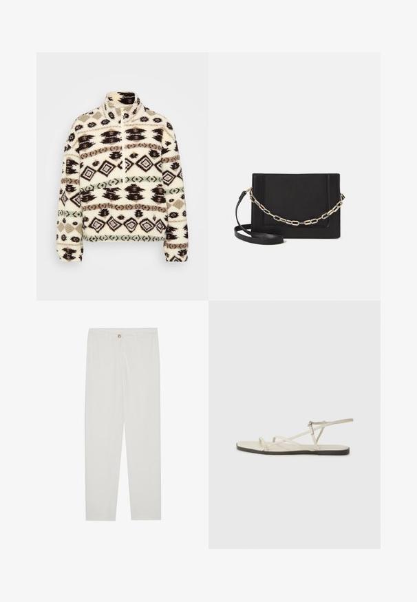 Kreemvärvi fleecest pooltõmbega svinger, millel on geomeetrilised mustad, pruuni ja piparmündirohelisi mustreid, kõrge kaelus ja ribadega varrukad.; Valged kohandatud püksid sirge lõikega, varustatud nupuga kinnitusega, vöödega ja küljetaskutega; sile kangatekstuur.; Bežid lame sandaal, millel on mitu peenikest rihma ja reguleeritav pandla. Tallal on lame pind, mille ääres on kerge tumedam kontrast.; Mustast nahast õlakott, mis omab siledat tekstuuri, ristküliku kuju ning esiküljel metallketi detaili. Reguleeritav rihm on kaasas.