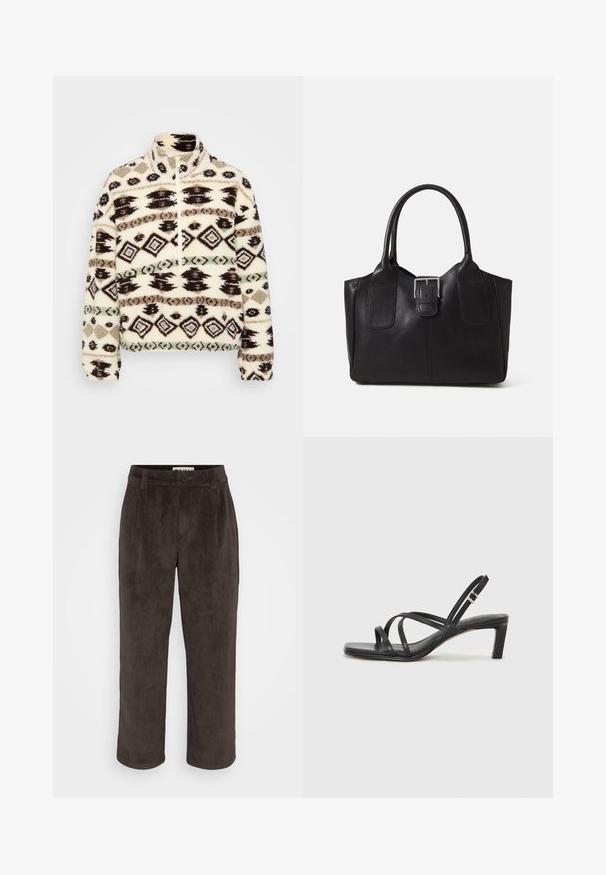 Fleece-Halbzip-Pullover in Creme mit geometrischen Mustern in Schwarz, Braun und Mint, einem hohen Kragen und gerippten Bündchen.; Braune Cordhosen mit geradem Bein, subtiler Textur und einem Frontknopfverschluss sowie Seitentaschen.; Schwarze Sandale mit Riemchen, quadratischer Zehenform und niedrigem Blockabsatz. Verfügt über mehrere dünne Riemen und einen verstellbaren Knöchelriemen. Hergestellt aus glattem Leder.; Schwarze Leder-Tote mit glatter Textur, strukturiertem Design, zwei Griffen und einem auffälligen silbernen Schnallen-Detail auf der Vorderseite.
