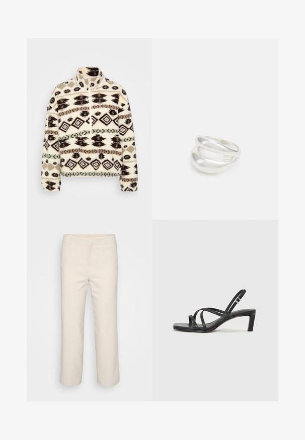Pullover in pile mezzi zip color crema, con motivi geometrici neri, marroni e menta, colletto alto e polsini a coste.; Pantaloni beige su misura con design a gamba dritta, davanti piatto e due tasche laterali. Realizzati in un tessuto liscio con finitura pulita.; Sandalo nero con cinturini, dalla punta squadrata e tacco basso a blocco. Presenta diversi cinturini sottili e una cinturini regolabile alla caviglia. Realizzato in pelle liscia.; Anello doppio in argento con superficie liscia e lucida. Presenta un design fluido e curvo con sezioni sovrapposte per un aspetto moderno.