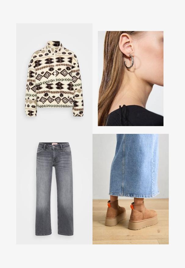 Krēma krāsas vilnas puszipa džemperis, kurā ir ģeometriski melni, brūni un piparmētru raksti, ar augstu apkakli un ribotām piedurknēm.; Pelēki džinsi ar taisnu kāju dizainu, piecu kabatu stils, viegla izbalēšana un pogas aizdare viduklī.; Brūni zamšādas platforma zābaki ar elastīgiem sānu paneļiem un oranžām cilpām, apvienoti ar līdz ceļgaliem garu gaišā denima svārku uz koka grīdas.; Sudraba auskars ar pulētu apdari, ar maziem zelta akcentiem un apaļu formu, uz ausu ļipiņas.