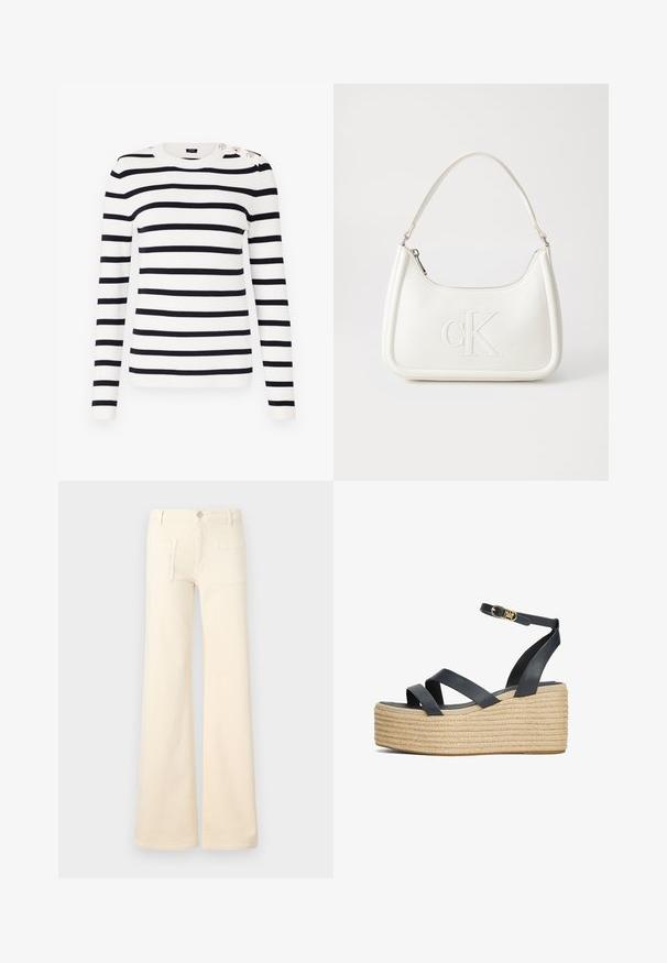 Gestreifter Strickpullover in Weiß und Marineblau, mit Rundhalsausschnitt, langen Ärmeln und dekorativen Knöpfen an der Schulter.; Cremfarbene ausgestellte Jeans mit glatter Textur, ausgestattet mit zwei Gesäßtaschen und einer vorderen Knopfverschluss. Gerade Passform mit hoher Taille.; Schwarze Leder-Wedgesandalen mit gekreuzten Riemen und einer geflochtenen Rope-Plattform. Mit einem Knöchelriemen und goldfarbenen Schnallen-Details.; Weiße Lederhandtasche mit abgerundeter Form, ausgestattet mit einem geprägten "CK"-Logo auf der Vorderseite und einem Einzel-Schultergurt. Reißverschluss oben.
