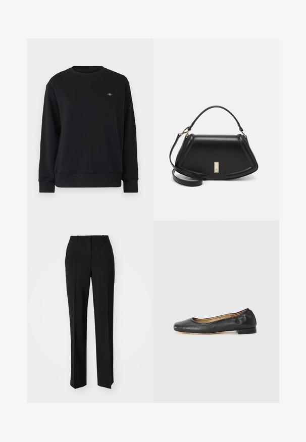 Black sweatshirt made of soft fabric, featuring a crew neck, long sleeves, and a small logo on the left chest. Smooth texture and relaxed fit.; Black tailored trousers with a straight-leg design, featuring a smooth texture and crisp creases along the front. No visible hardware.; Black leather ballet flats with a rounded toe and minimal stitching. Low, rectangular heel and smooth texture. Subtle interior lining detail.; Black leather handbag with a structured design, featuring a cropped shape, top handle, and gold hardware accent. Adjustable shoulder strap included.