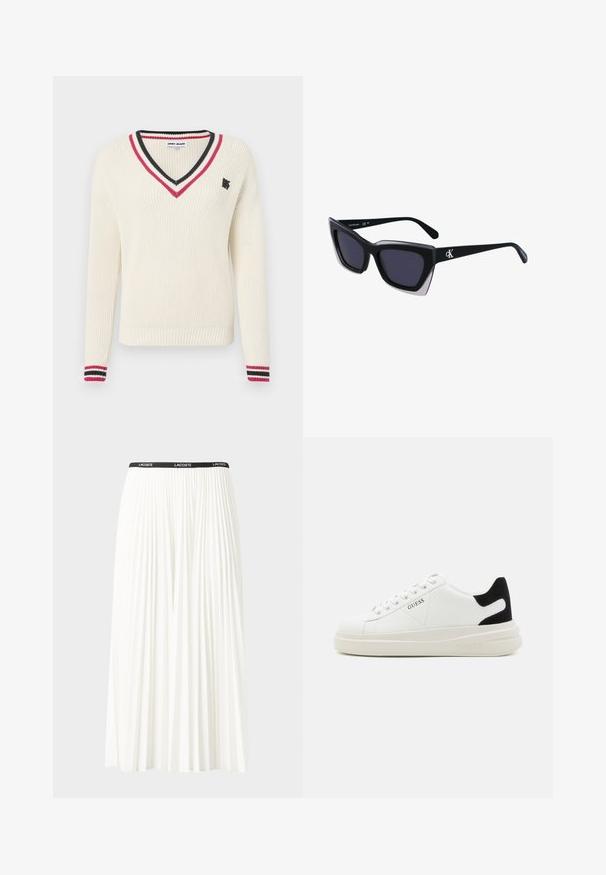 Krämfärgad v-ringad tröja med ribbad textur, med röda och svarta randiga detaljer på kragen och ärmsluten, samt en liten logotyp på bröstet.; Fälld vit kjol med svart elastiskt midjeband som har "LACOSTE"-logotypen. Mittenlång design med mjuk textur.; Vita lädersneakers med en tjock vit sula, svartsuede hälaccent och präglad logotyp på sidan. Snörningsdesign med sex öglor.; Svart överdimensionerade solglasögon med geometrisk form, med mörka linser och en kontrasterande grå detalj på ramen. Logotyp på bygeln.