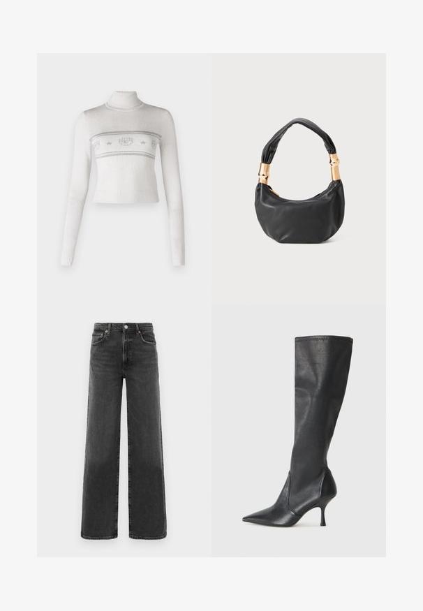 Kippet hvid sweater med høj hals, udstyret med sølvstrikkede mønstre og en ribbet tekstur langs kanten og ærmerne.; Sorte højtaljede lige ben denimjeans med frontknap og lynlås, to frontlommer og to baglommer.; Knæhøje sorte læderstøvler med spidse tæer og slanke stiletto-hele. Glat tekstur med en tætsiddende design og syninger ved toppen.; Sort læder håndtaske med rund form, blød tekstur og en knyttet hank med guldfarvede hardware detaljer. Lynlåslukning.