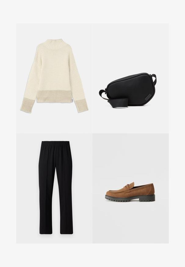 Chunky strikket sweater i creme med en høj, ribbet krave. Har teksturerede mønstre samt ribbede manchetter og kant. Blødt, varmt stof.; Sorte bukser med elastisk talje og lige ben, der har en glat tekstur og ingen synlige mønstre eller hardware.; Brune Suede loafers med en rund tå og en lav sort gummisål, der har et dekorativt bånd og syninger på overdelen.; Sort, lynlåset crossover-taske lavet af glat materiale, med flad form, enkelt rem og et lille logo-accents. Minimalistisk design.