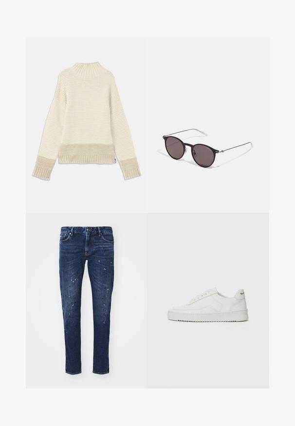 Pulover tricotat gros în nuanțe de crem, cu un guler înalt, cu nervuri. Are modele texturate și manșete și tiv cu nervuri. Material moale și călduros.; Jeans din denim de culoare albastru închis, cu o croială slim, prezentând stropi de vopsea, cusături vizibile și un design standard cu cinci buzunare. Croială dreaptă a piciorului.; Sneakers din piele albă cu un finisaj neted, vârf rotund, șireturi plate și o talpă texturată. Prezintă un logo subtil pe călcâi.; Ochelari de soare negri rotunzi cu lentile întunecate și brațe metalice subțiri. Include vârfuri transparente pentru brate și accente argintii la balama. Design minimalist.
