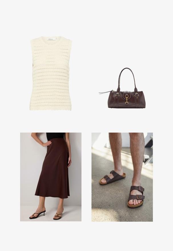 Kremasti pleteni gornji dio s rebrastim izrezom i rubovima ramena, s otvorenim tkanjem i bez rukava.; Smeđi satenski suknja do koljena s proširenim siluetom. Ima glatku teksturu i dizajn s visokim strukom, u kombinaciji s crnim sandalama na petu.; Braon kožne sandale s dva podesiva kopčanja, pluta na unutarnjoj strani i teksturirana gumena potplat, nošene na golim nogama na betonskoj podlozi.; Tamno smeđa kožna torba s dva gornja ručka, zlatnim detaljima, kopčanjem sprijeda i prošivenim teksturama sa strane.