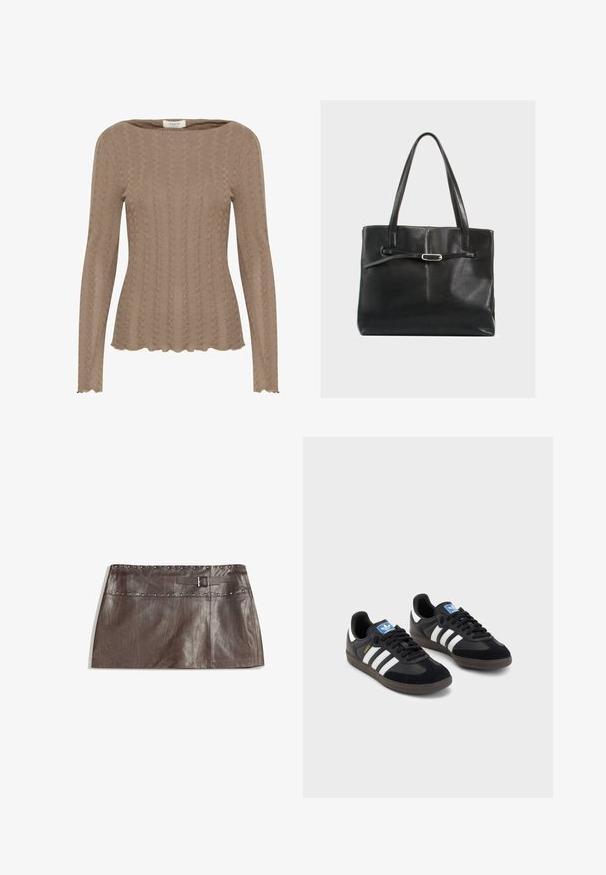 Braun gestricktes Oberteil mit langen Ärmeln, das ein Kabelmuster, einen Bootsausschnitt und eine gewellte Saumgestaltung aufweist. Weicher, strukturierter Stoff.; Brauner Leder-Minirock mit einem genagelten Bund und einem Gürtelschlaufen mit Schnalle, glatter Textur und schlankem, geradem Design.; Schwarze Sneaker mit einem Obermaterial aus Wildleder und Synthetik, ausgestattet mit drei weißen Streifen, einer strukturierten Gummi-Sohle und einem blauen Logo-Tag auf der Zunge.; Schwarze Leder-Tote mit glatter Textur, zwei langen Griffen und einem schmalen Riemen mit einer silbernen Schnalle auf der Vorderseite.