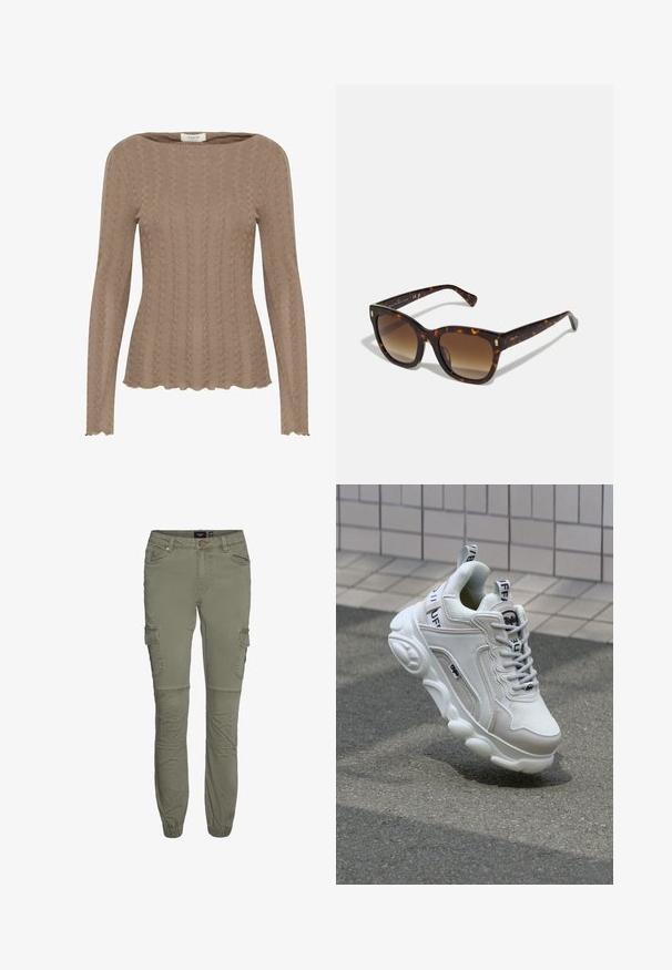 Brown knitted long-sleeve top featuring a cable pattern, boat neckline, and scalloped hem detailing. Soft, textured fabric.; Two white short-sleeve t-shirts with a scoop neckline, made from smooth fabric, featuring a fitted design and no visible patterns or accents.; Olive green cargo pants in durable cotton blend with tapered cuffs, multiple pockets, and knee pleats for added mobility.; White sneaker with mesh and leather materials, rounded toe, thick sole, prominent laces, and branding on the heel and tongue.; Tortoiseshell square sunglasses with gradient brown lenses, featuring gold accents on temples and a thick, glossy frame.
