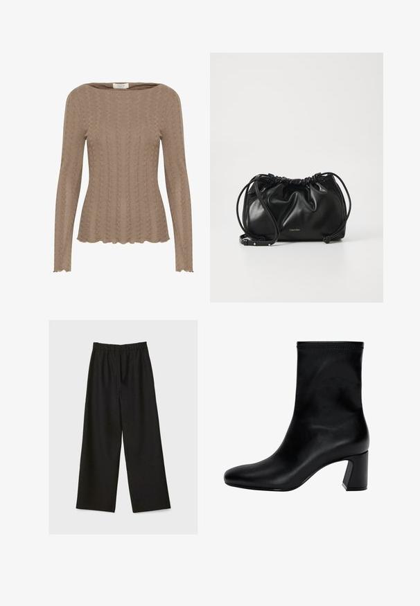 Hnedý pletený top s dlhými rukávmi, ktorý obsahuje vzor kabeliek, lodičkový výstrih a detaily s vlnitým lemom. Mäkko textúrovaná tkanina.; Čierne nohavice s širokými nohavicami a elastickým pásom, vystavené na svetlom pozadí.; Čierne členkové topánky z hladkej kože. Majú štvorcový špičku, elastický vrch a masívny podpätok pre stabilitu. Minimalistický dizajn.; Čierna kožená kabelka so zberaným dizajnom, dvojitým sťahovacím uzáverom a odnímateľným ramenným popruhom. Obsahuje kovový detail loga.