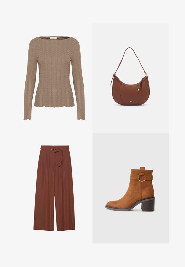 Hnědý pletený top s dlouhým rukávem, který se vyznačuje vzorem copánků, lodičkovým výstřihem a olemováním se vlnkami. Měkká, texturovaná tkanina.; Široké kalhoty z hnědé tkaniny, které mají pás s čtvercovou sponou, sklady a hladkou texturu.; Hnědé semišové kotníkové boty s kulatou špičkou, blokovým podpatkem a ozdobným páskem se zaoblenou přezkou.; Hnědá kabelka přes rameno z umělé kůže s zakřiveným tvarem, minimálním prošíváním a zlatým kovovým akcentem. Disponuje vrchním zipovým uzavíráním a nastavitelným popruhem.