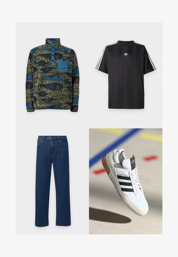 KAVU TEANNAWAY - Felpa in pile - multi coloured; Maglietta nera a maniche corte con dettagli bianchi a tre strisce sulle spalle e un piccolo logo bianco sul petto. Tessuto dalla texture liscia.; Jeans in denim di un blu scuro a gamba dritta con tasche anteriori e chiusura con bottone, esposti su uno sfondo bianco semplice.; Sneaker Adidas Mundial Goal bianca con strisce nere e suola in gomma, mostrata in volo sopra un pavimento di un campo sportivo con linee colorate.
