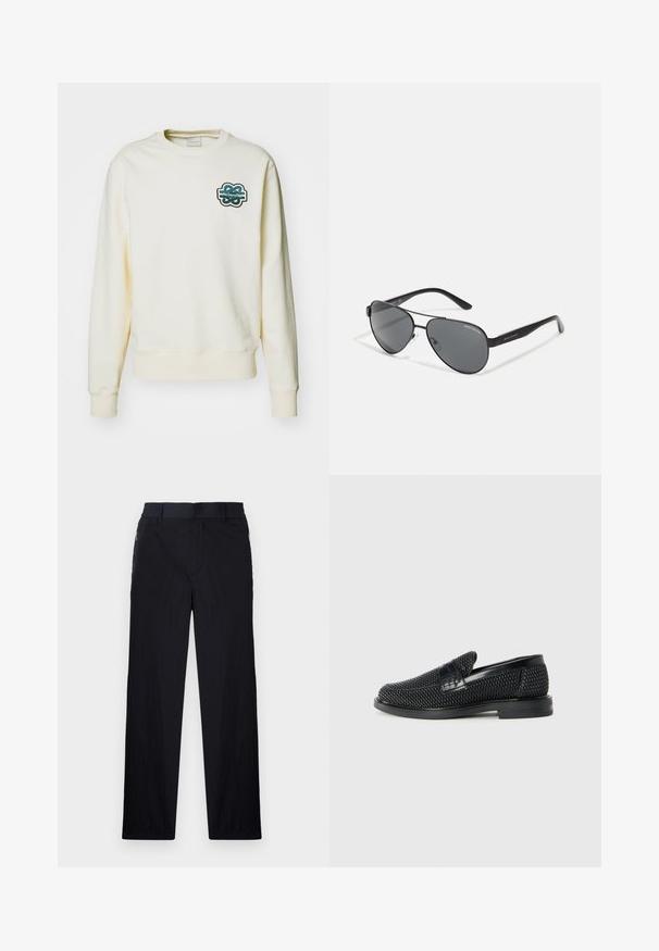 Filling Pieces GOWTU - Sweatshirt - white; Black trousers featuring a lightweight, textured fabric, straight-leg design, elastic waistband, and side zip pockets.; Black woven slip-on shoe with a smooth leather accent on the upper, a round toe design, and a low-profile rubber sole.; Black aviator sunglasses with dark lenses, thin metal frame, and slender plastic arms featuring logo accents.