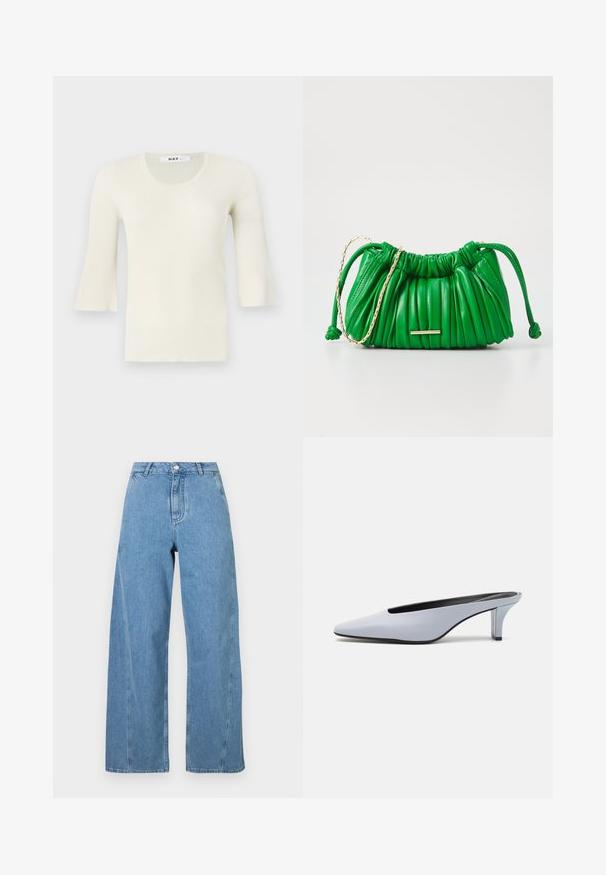 Geribbeld, licht crèmekleurig langemouwen top met een ronde halslijn en uitlopende mouwen. Gemaakt van een gestructureerde stof, zachte afwerking, minimalistisch ontwerp.; Lichtblauwe wijde jeans gemaakt van denim, met een hoge taille, rechte snit en contrasterende stiksels langs de naden.; Lichtblauwe patentleren mule met een spitse neus, een lage doorzichtige hak, en een strak ontwerp met een uitsparing bij de vamp.; Groene leren handtas met geplooide textuur, gouden kettingdetails en trekkoordsluiting. Voorzien van een minimalistische gouden hardwareaccent.